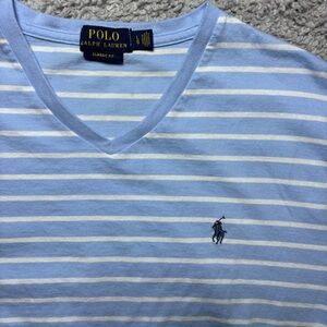 Polo Ralph Lauren Shirt Mens Large Striped Vneck Casual Tee Blue Pony Preppy